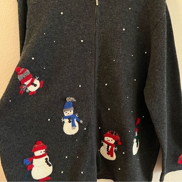 Crazy Horse Sweater Cardigan Snowmen Size 2X Zip Front Pearl Accents Gray - Picture 2 of 8